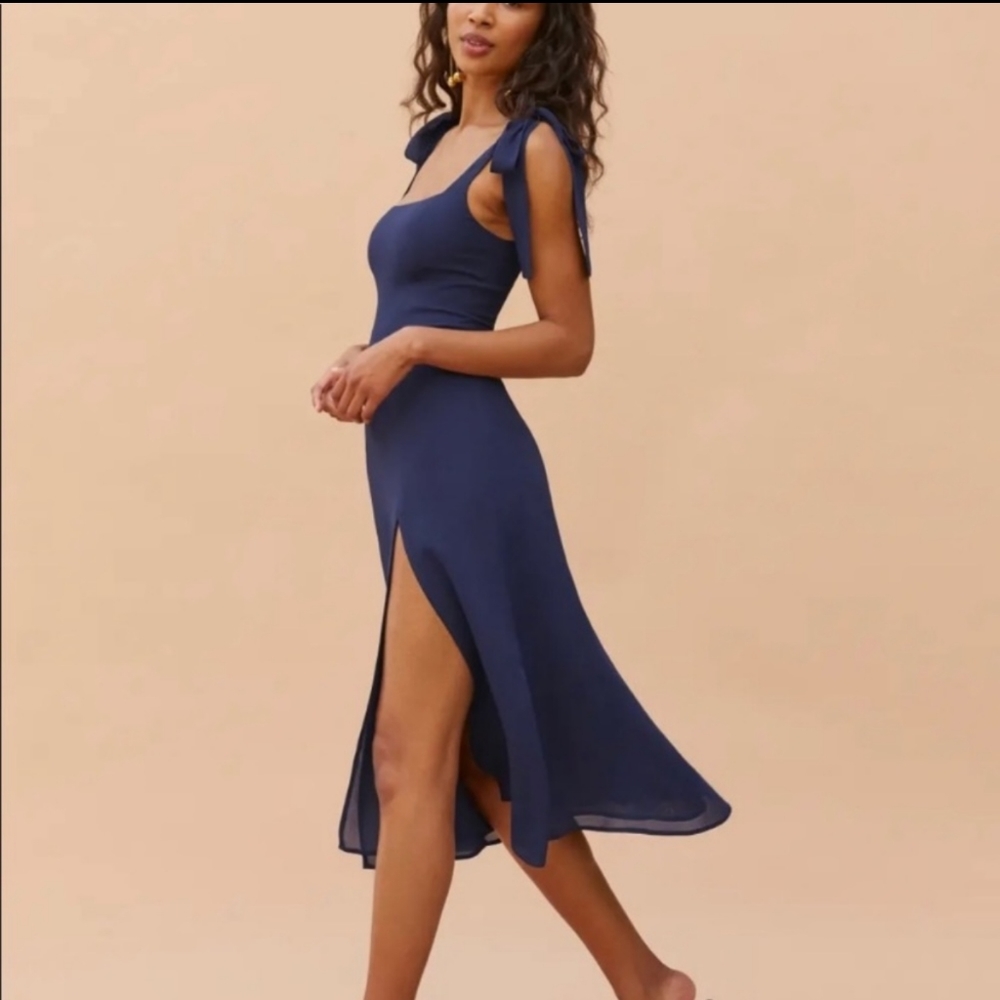 Reformation Inspired Navy Tie Strap Midi Dress